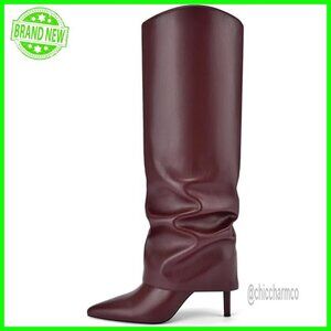 Knee High Boots Stiletto Heel Pointed Toe Slouchy Fold Over Side Zipper
